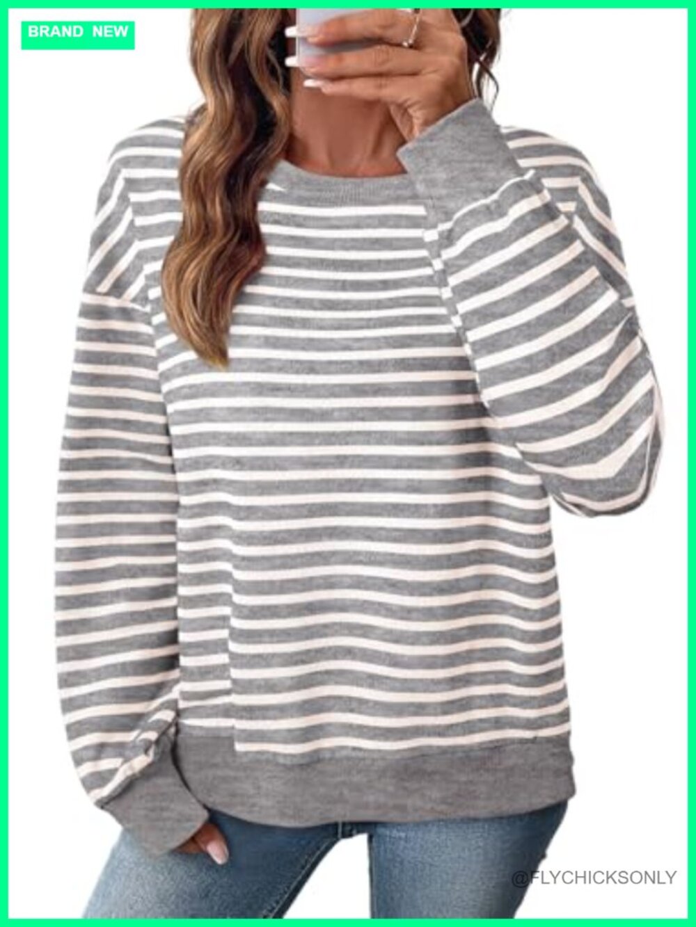 Oversized Striped Crewneck Sweatshirt Long Sleeve Pullover Tailcoat Slit